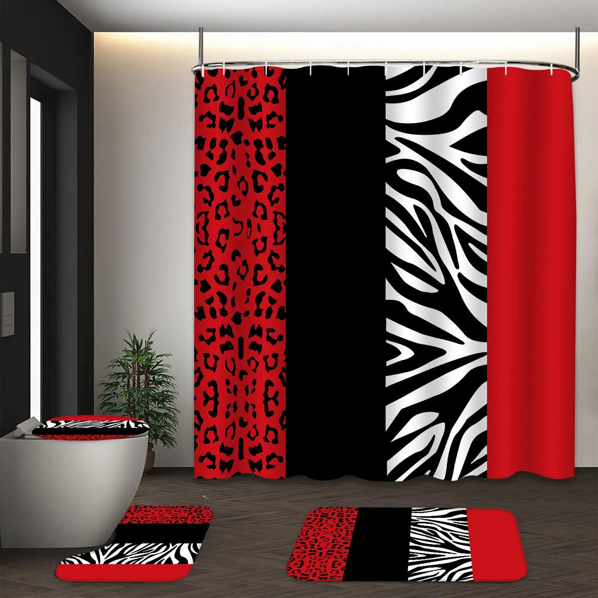 Plaid & Letter Pattern 4pcs Non-slip Bathroom Decoration Set, Including Bath Curtain, Toilet Lid Mat & Bath Mat, Bathroom Supplies, Home Goods, Bathroom Decoration Accessories, Bathroom Decor And Accessories