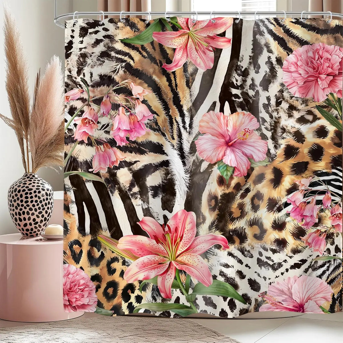 Leopard Print Shower Curtain Wild Safari Skin Pattern Powerful Cheetah Cat Panthera Black Brown Fur Wildlife Waterproof Bathroom Home Decor with Hooks