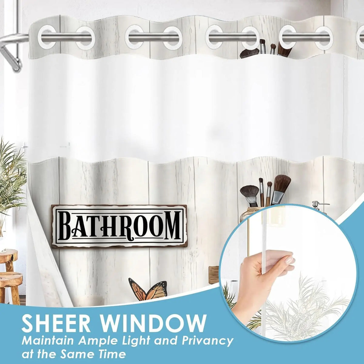 1Pc Double Layer Shower Curtain, Rustic Farmhouse Butterfly Print, Removable Snap-in Liner, Water Repellent Washable Fabric For Apartment Rental Bathtub Shower, 71x74 Inch, Shower Curtain No Hooks With Liner