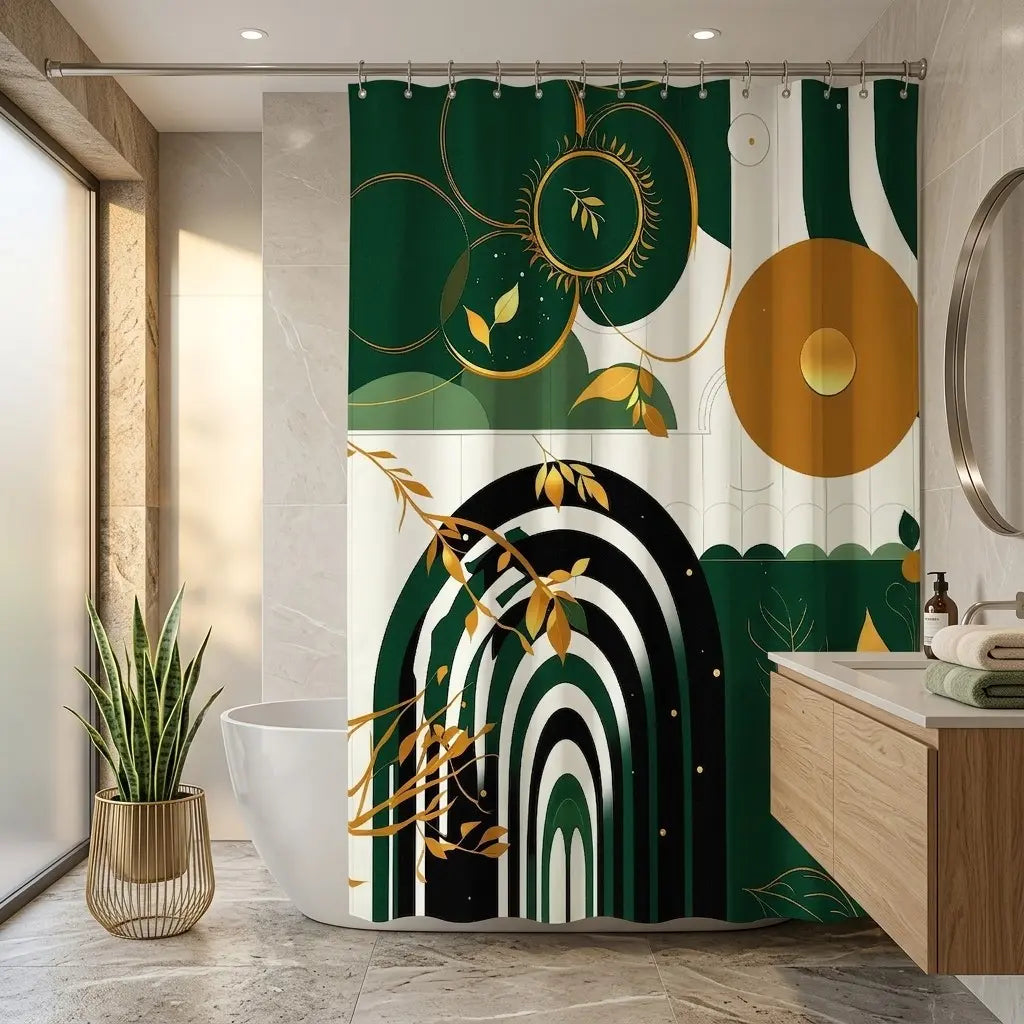 Artistic Abstract Nature-Inspired Decorative Shower Curtain with Golden Sun Motif, Stylized Botanical Illustrations & Geometric Patterns in Deep Forest Green and Cream – Perfect for Modern Bathrooms this Holiday Season