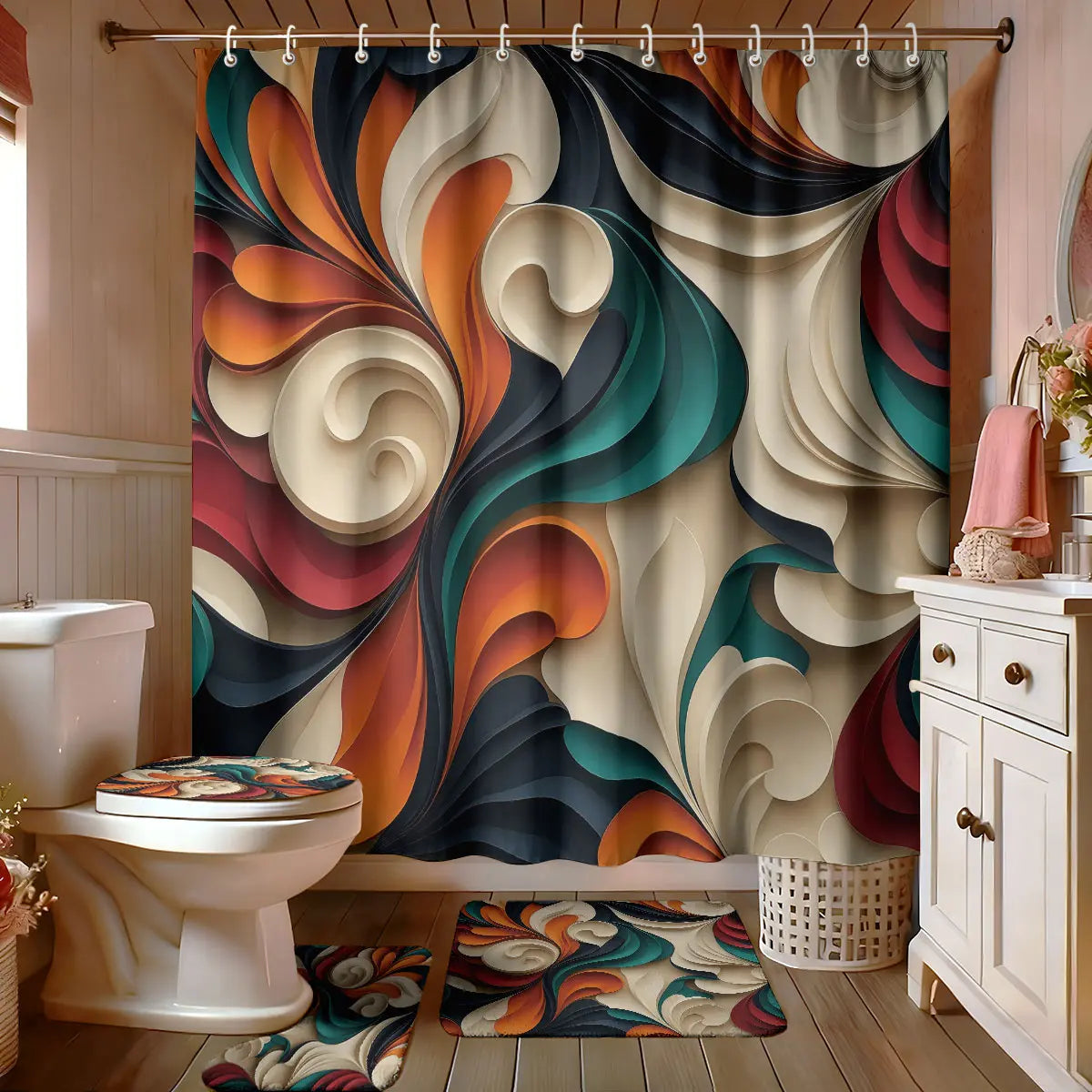Abstract Pattern Bathroom Set, Home Goods, Aesthetic Bathroom Decor, Bathroom Decor And Accessories, Shower Curtain with 12 Hooks, Non-Slip Bath Rug, U-Shaped Toilet Mat, Toilet Lid Cover, Bathroom Decoration Accessories, Shower Curtain Sets