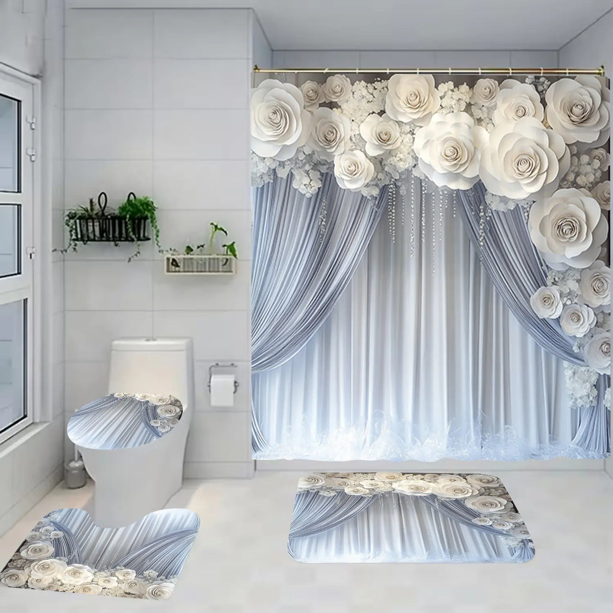 1/4-piece floral satin bathroom set with shower curtain, including a soft floor mat, toilet seat cover, shower curtain, and home decor, perfect for gifting, Summer Shower Curtains For Bathroom