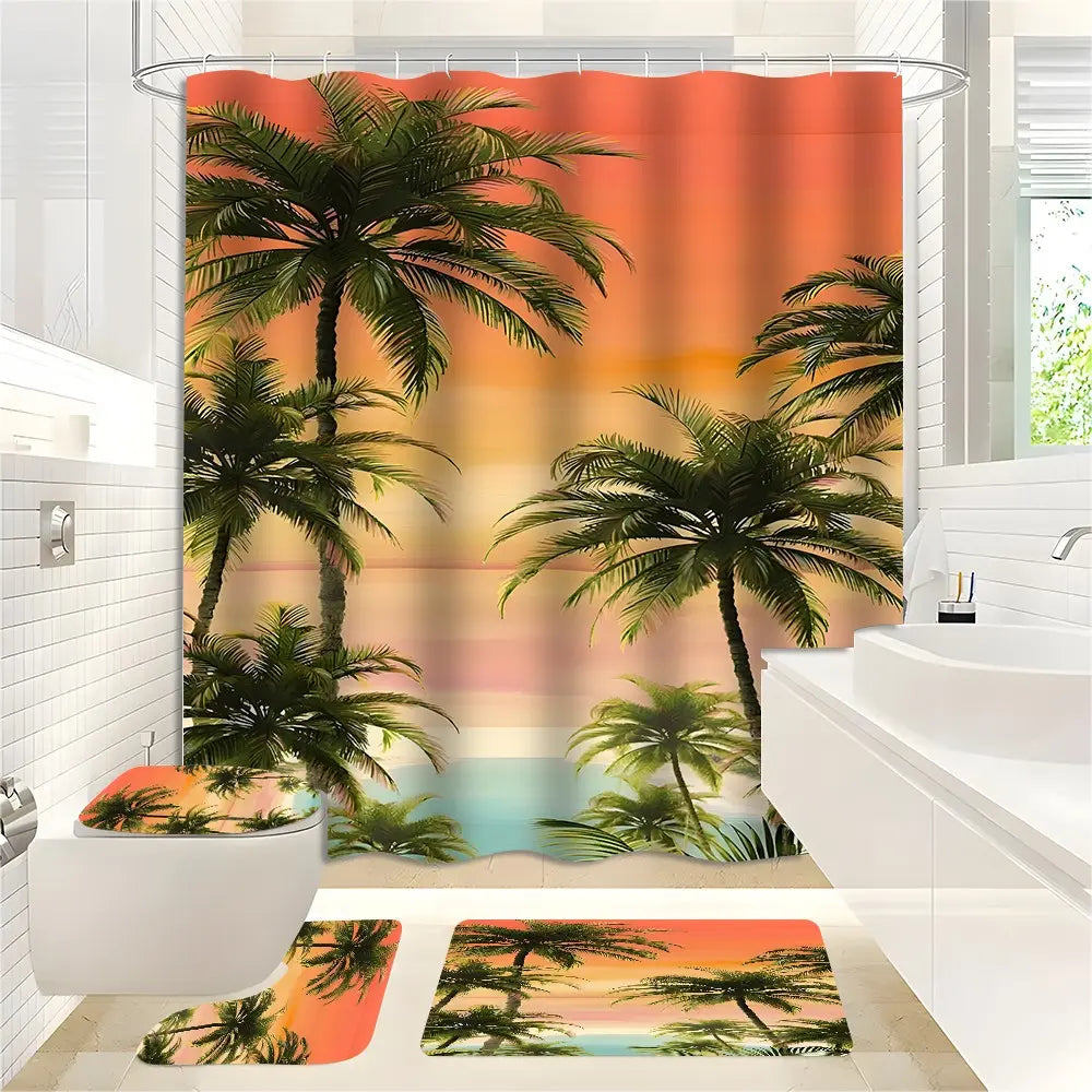 JIT 1/3/4 pcs Shower Curtain Set - Tropical Sunset Sea and Sky Bathroom Decorative Toilet Cover, Bath Mat, Shower Curtain Strip - 12 hooks, suitable for American patriotic and independent home decoration.