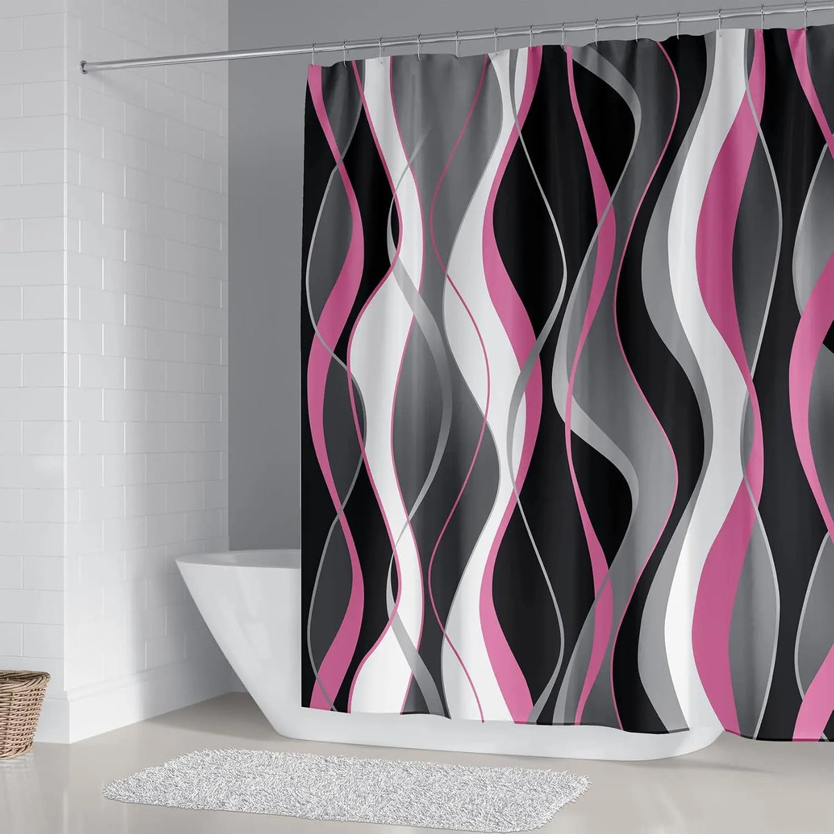 4Pcs Pink Shower Curtain Sets with Non-Slip Rugs, Toilet Lid Cover and Bath Mat, Black and Gray Bathroom Decor Set Accessories Fabric Waterproof Shower Curtains with 12 Hooks, 72 x 76 Inch