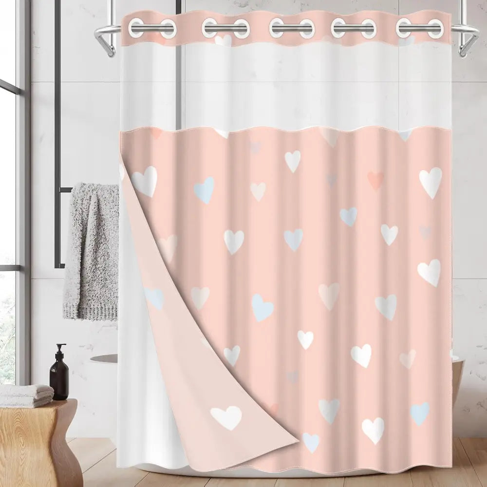 1pc hookless printed shower curtain with buckle lining, pink heart all-over design 2D flat printing, fabric waterproof lining, see-through double-layer shower curtain, 71 x 74 inches, Pretty shower curtain