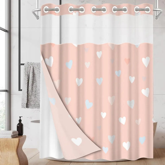 1pc hookless printed shower curtain with buckle lining, pink heart all-over design 2D flat printing, fabric waterproof lining, see-through double-layer shower curtain, 71 x 74 inches, Pretty shower curtain
