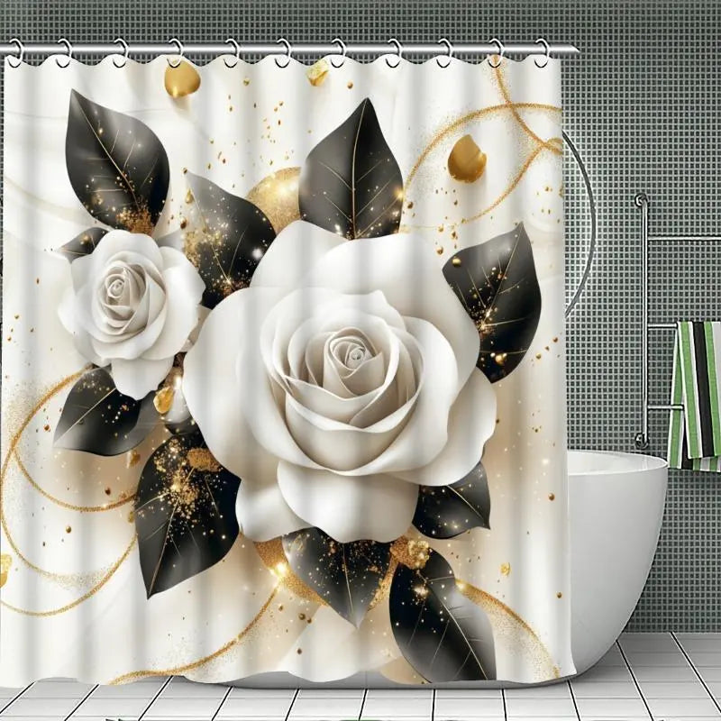 Gold Rose Animal Shower Curtain Set (1/4PCS) - 70.87x70.87in Polyester Hanging Garden Glam Bathroom Decor, Anti-Slip Waterproof White Gold Flowers Animals Set with Mat, U-Mat, Toilet Cover, 12 Hooks, Adjustable Foldable Art, Home Accessories, Sohochic