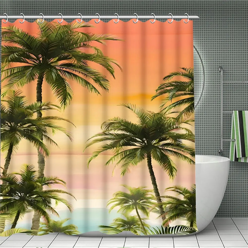 JIT 1/3/4 pcs Shower Curtain Set - Tropical Sunset Sea and Sky Bathroom Decorative Toilet Cover, Bath Mat, Shower Curtain Strip - 12 hooks, suitable for American patriotic and independent home decoration.