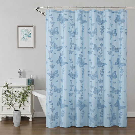 Butterfly Embroidery Flocking Design Shower Curtain Grey Sheer Shower Curtain for Bathroom Vintage Aesthetic Decor Bathroom Waterproof Shower Cutain, 12 Pcs Plastic Hooks, 72x72in,sohochic