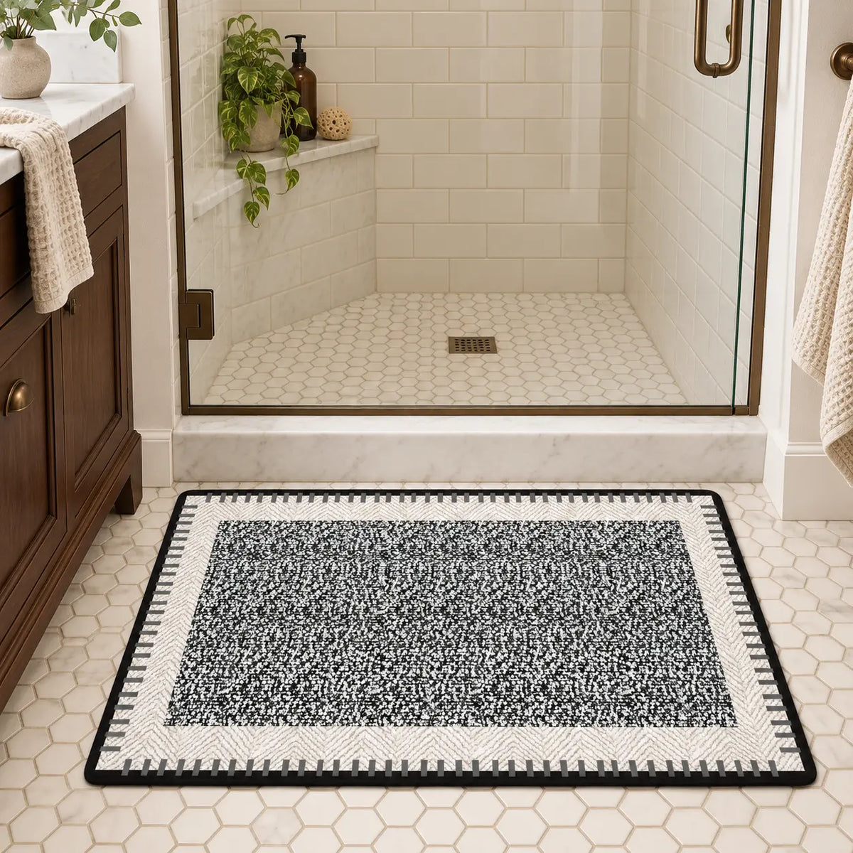 Black and White Abstract Diatomaceous Earth Bath Mat, Super Absorbent Quick Dry Non Slip Bathroom Rug, Stay-Put Floor Mat for Shower, Kitchen, Bedroom Doorway & Front Entryway