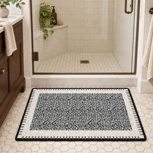 Black and White Abstract Diatomaceous Earth Bath Mat, Super Absorbent Quick Dry Non Slip Bathroom Rug, Stay-Put Floor Mat for Shower, Kitchen, Bedroom Doorway & Front Entryway