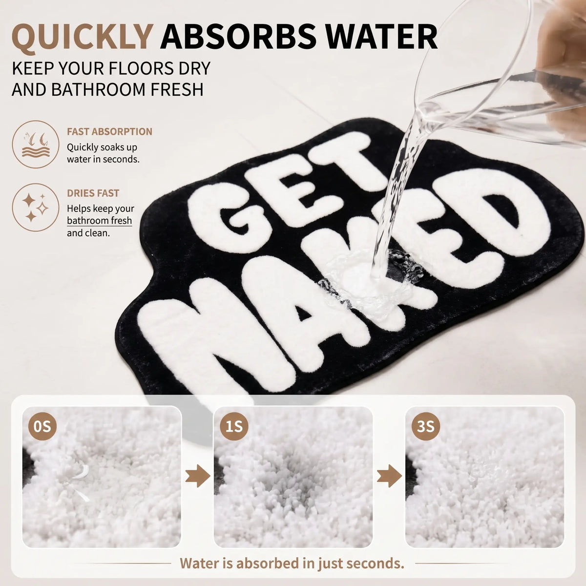 31"x18" Funny Get Naked Plush Fabric Bath Mat - Cozy, Non-Slip, Water-Absorbent, Decorative Indoor Use Bathroom Rug, Ultra-Soft Tub Side Mat, Trendy Black & White Machine-Washable Home Accent