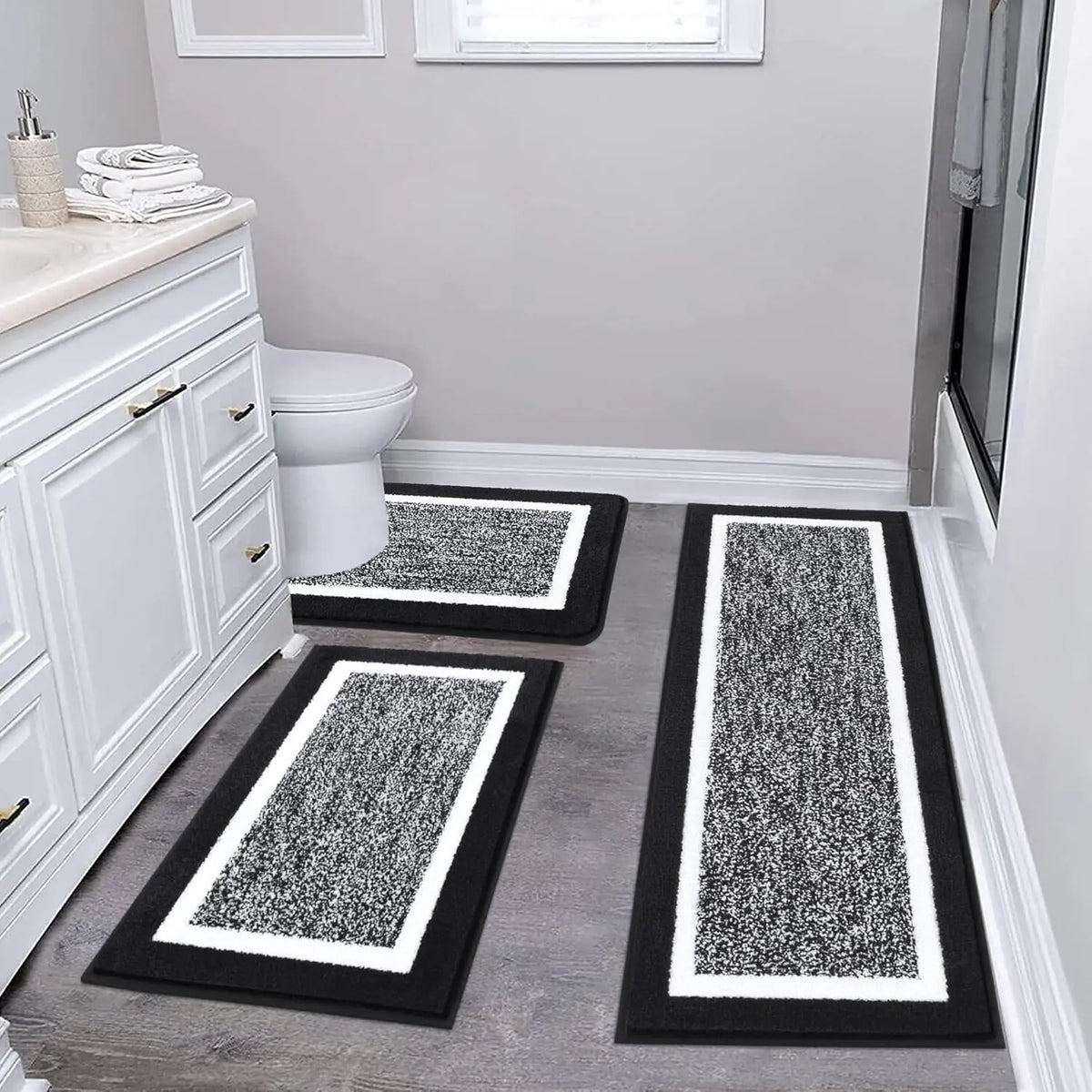 Bathroom Rugs 3 Piece Set, Non Slip Washable Bath Mat, Black | Soft Plush Microfiber, Super Absorbent Floor Carpet, U Shaped Toilet Mats, Quick Dry, Shaggy Shower Rugs Runners