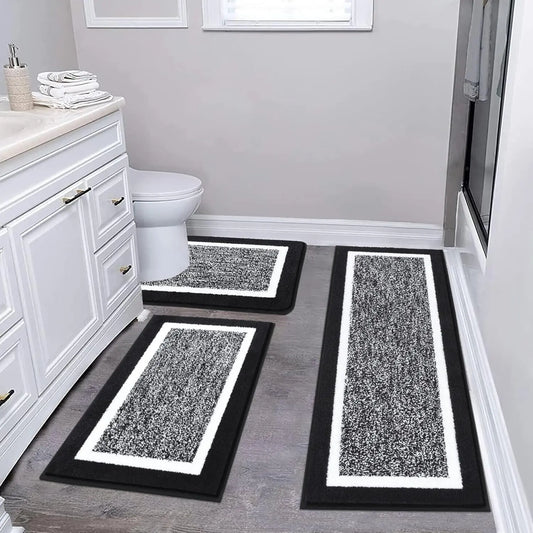 Bathroom Rugs 3 Piece Set, Non Slip Washable Bath Mat, Black | Soft Plush Microfiber, Super Absorbent Floor Carpet, U Shaped Toilet Mats, Quick Dry, Shaggy Shower Rugs Runners