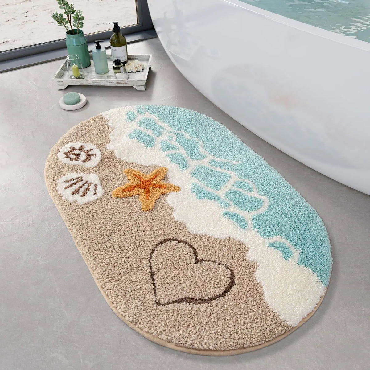 LUMI Soft Absorbent Beach Bathroom Rug Non Slip Backing Sea Beach Starfish Shell Design 22x34 Decorative Mats for Bathroom Kitchen Entryway