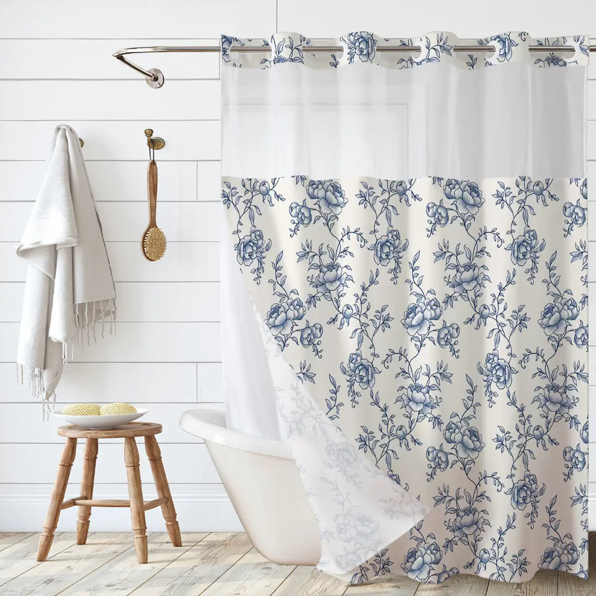 Peony Print Linen Shower Curtain, Sheer Splice Linen Fabric, Waterproof Double Layer Mildew Resistant No Drill Bath Curtain for Home & Homestay 72''*75''inch