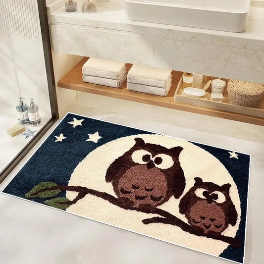 Moonlit Owl Bathroom Rug, Non-Slip Bath Mat, Soft Comfortable Shower Carpet, Deep Blue Starry Sky Design, Durable Floor Pad