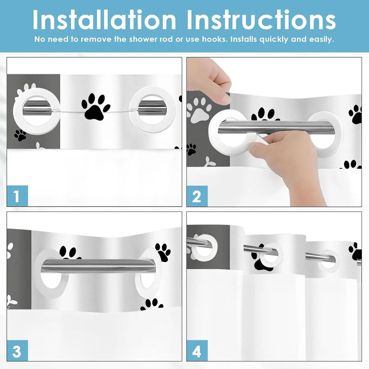 1pc hookless shower curtain with liner, black, white cat paw decorative design 2D printing, fabric waterproof liner, see-through window, double-layer, 71 x 74 inches, modern home decoration, Shower Curtain No Hooks With Liner