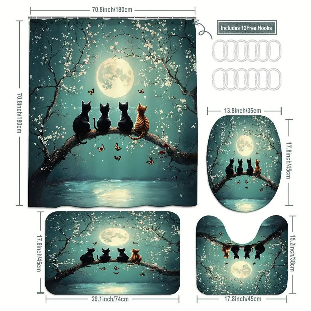 1/4pcs Teal Cat Moon Blossom Bathroom Decorative Shower Curtain Set, Celestial - Includes Toilet Lid Cover, Bath Mats, Full Moon Nightscape, Black/Brown Cats on Branch, Teal Sky Water Reflection, Home Decor