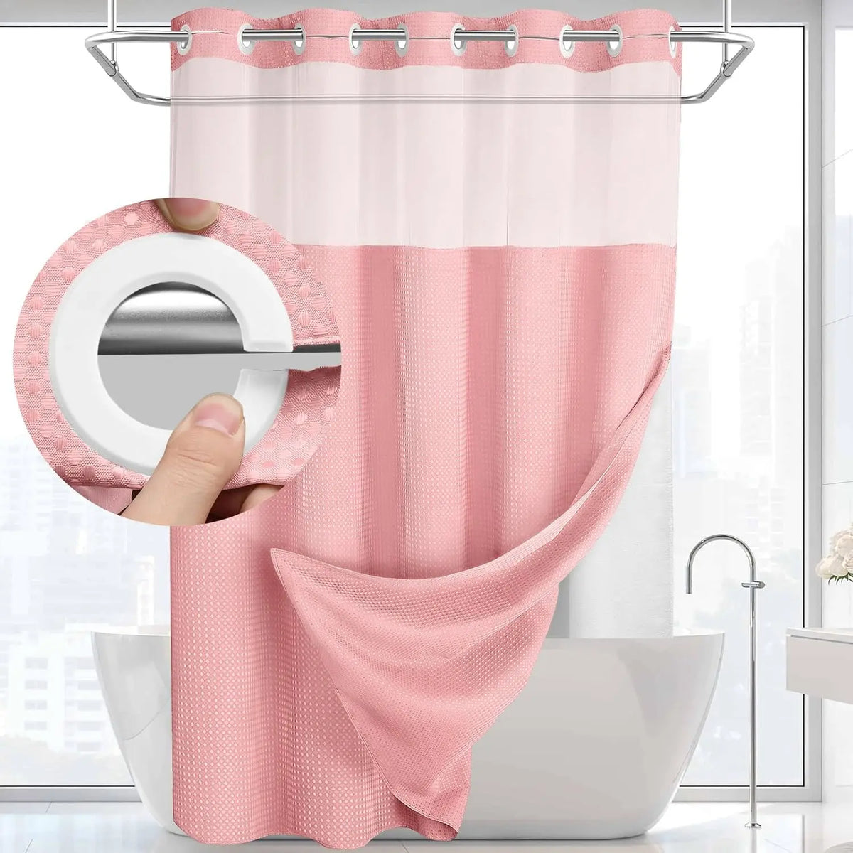 No Hook Washable Waffle Weave Shower Curtain with Snap in Liner -Waterproof Double Layer Shower Curtain With WashableInner Liner,  72 x75 Inch Showercurtain