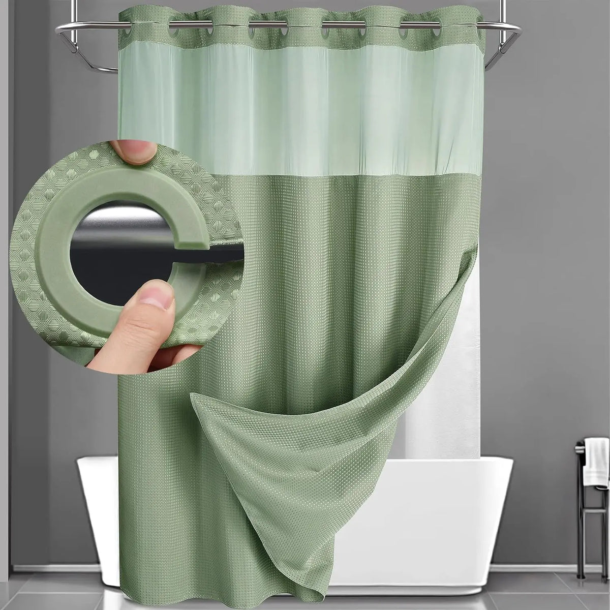 No Hook Washable Waffle Weave Shower Curtain with Snap in Liner -Waterproof Double Layer Shower Curtain With WashableInner Liner,  72 x75 Inch Showercurtain