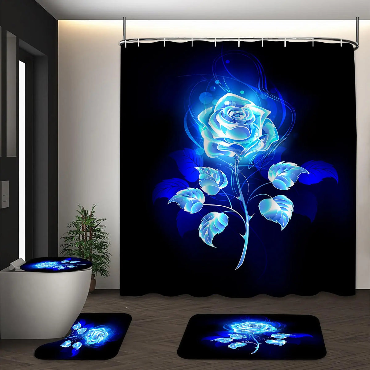 Plaid & Letter Pattern 4pcs Non-slip Bathroom Decoration Set, Including Bath Curtain, Toilet Lid Mat & Bath Mat, Bathroom Supplies, Home Goods, Bathroom Decoration Accessories, Bathroom Decor And Accessories