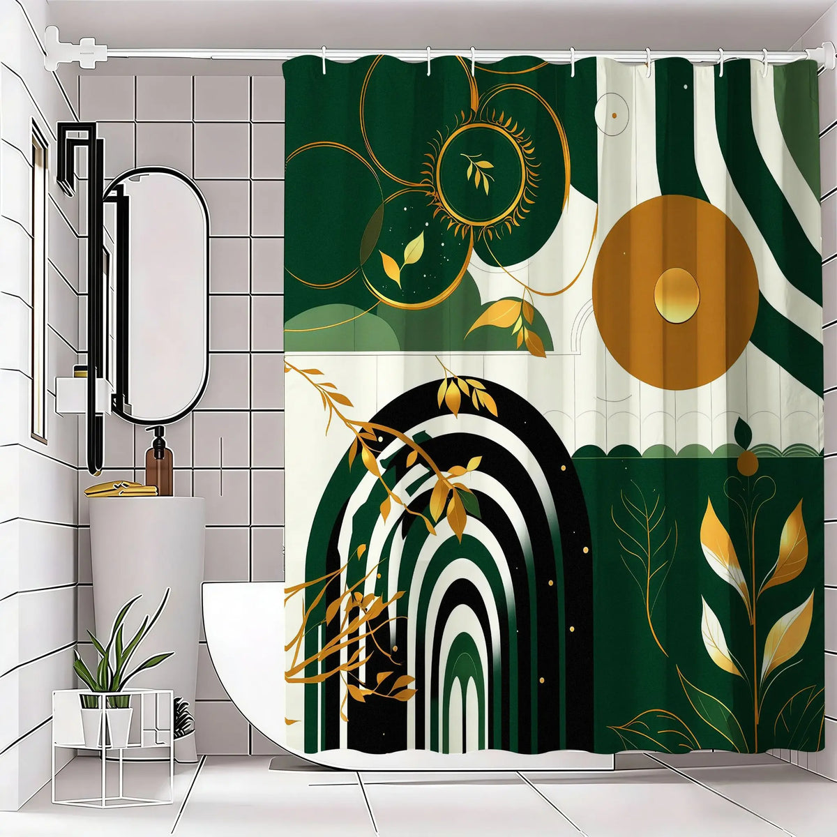 Artistic Abstract Nature-Inspired Decorative Shower Curtain with Golden Sun Motif, Stylized Botanical Illustrations & Geometric Patterns in Deep Forest Green and Cream – Perfect for Modern Bathrooms this Holiday Season