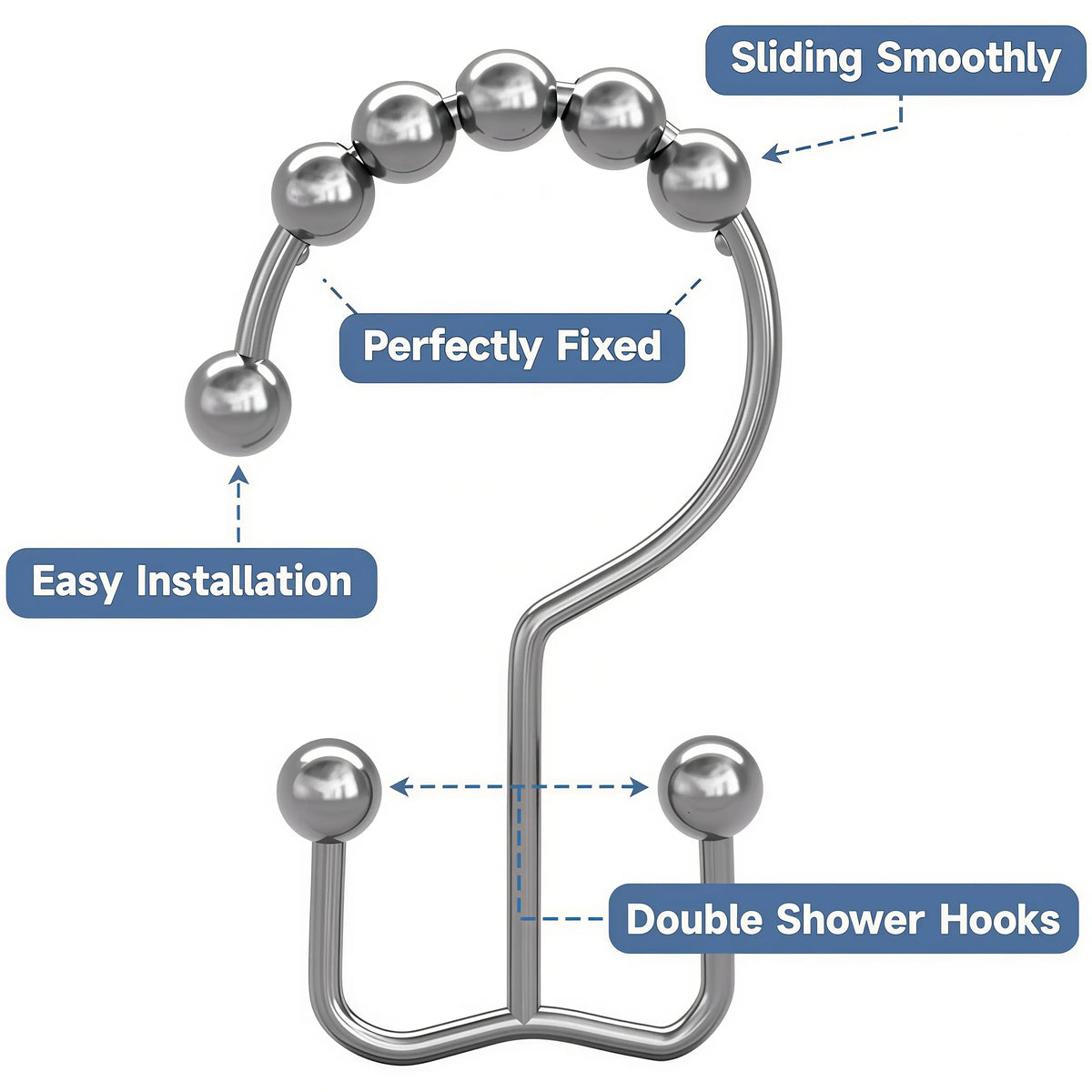 LMMAKE 12PCS Retro Look Electroplated Thick Wire 304 Stainless Steel Shower Curtain Hooks - Ball End, Double Glide Rings, Effortless Gliding, Standard Fit, Indoor/Outd, Scratch-Resistant, All Seasons, Long-Lasting Bathroom Use, Ideal for Renovations