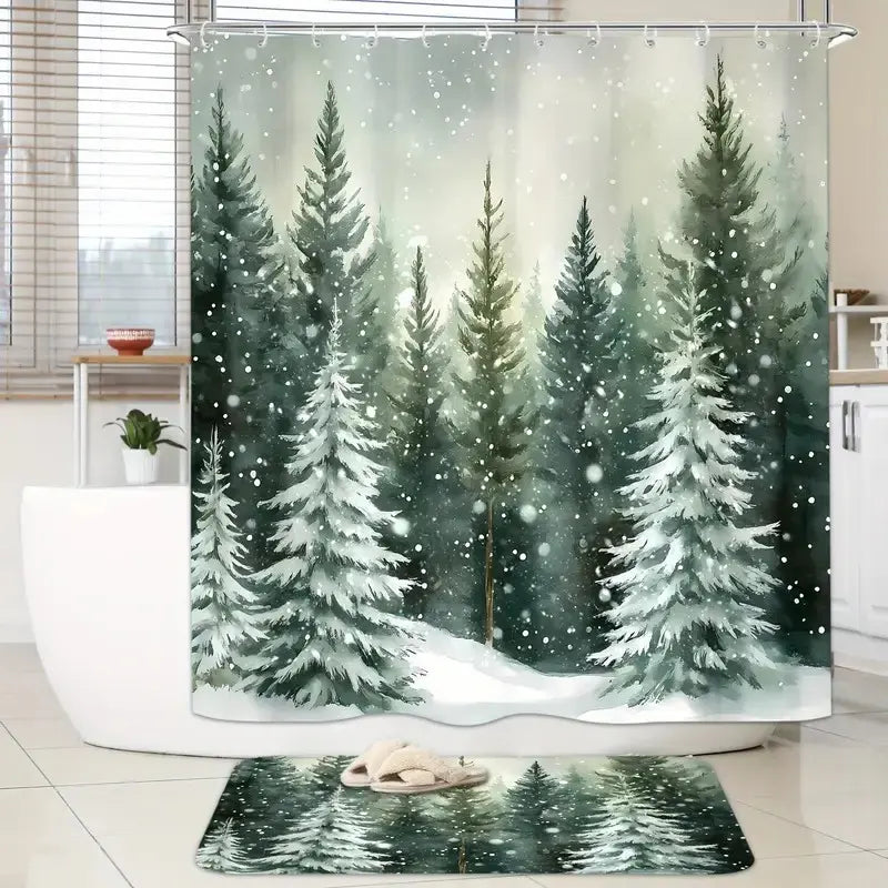 Christmas Style Snowy Forest Tree Scene Shower Curtain Set, Non-Slip Rug, U-Shaped Mat, Toilet Lid Cover, Bathroom Decoration Accessories, Perfect for Bathroom Decor, Decorative Shower Curtain, Shower Curtain Set With Rugs