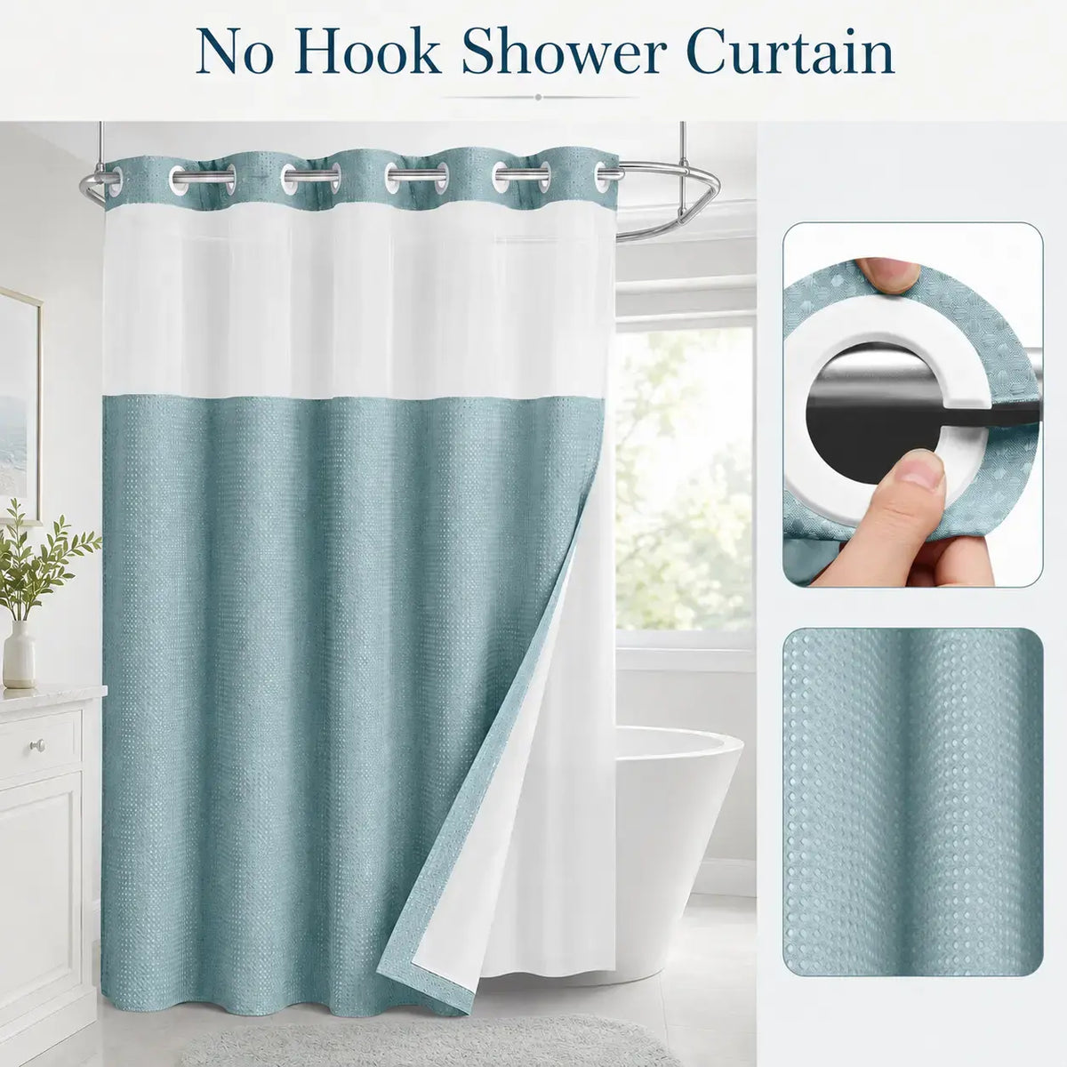 Brown No Hook Shower Curtain with Snap in Liner grey Waffle Pattern Shower Curtain Double Layer Shower Curtain -Fabric Waterproof Inner Liner,Bathroom Accessory for Home, Hotel, Salon & Dormitory Decor