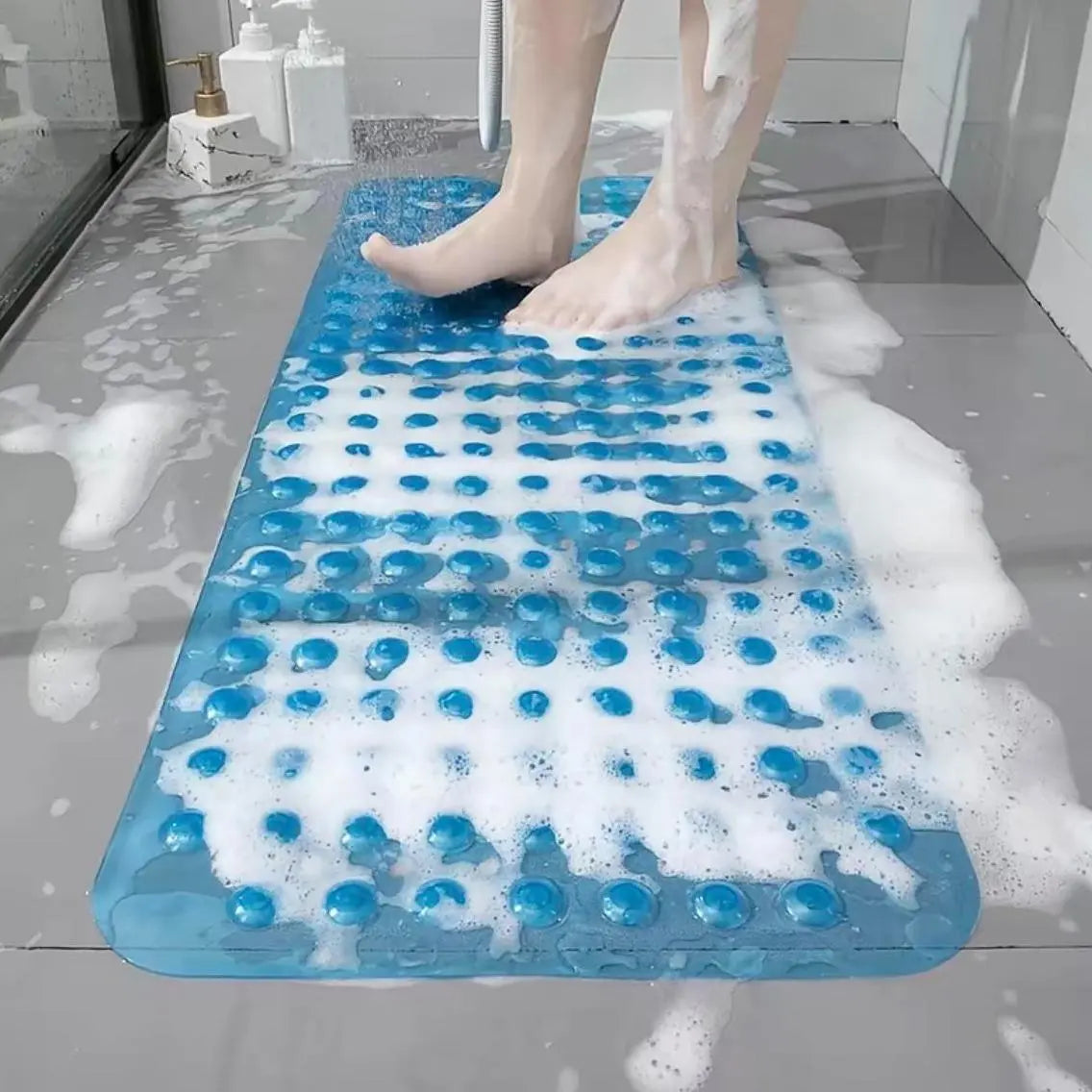 Bathroom Essentials Mat 40x16 Inch,Non Slip Mat With Strong Suction Cups,Large Machine Washable Shower Rug,Drain Holes Keep Tub Clean,Waterproof Mold Resistant Rubber PVC Mat,Blue Black Transparent Light Gray,Bathroom Supplies,Holiday Gift For Family, Bat