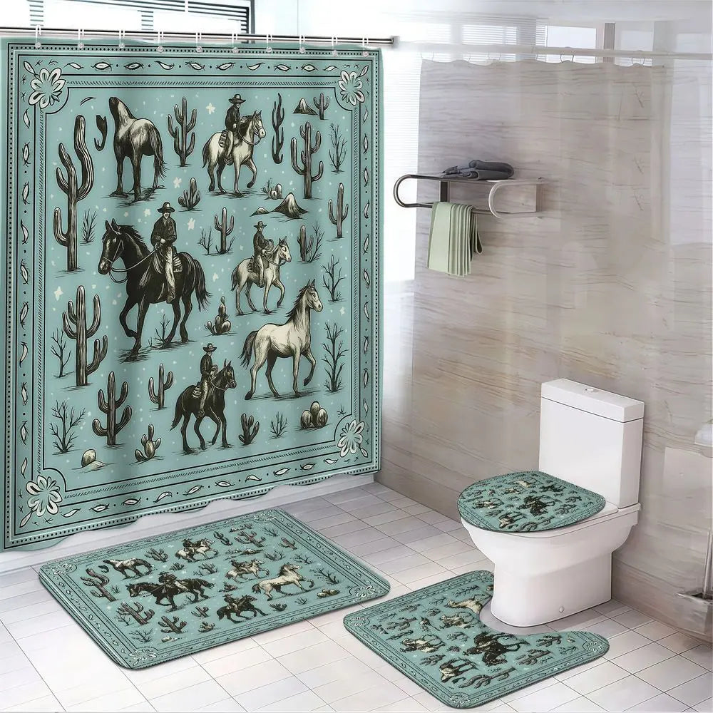 4pcs Western Cowboy Horse Cactus Shower Curtain Set, Decorative Shower Curtain, Boho Rodeo Bathroom Decor, Rustic Farmhouse Festival Style, Sage Green Southwestern Wild West Print