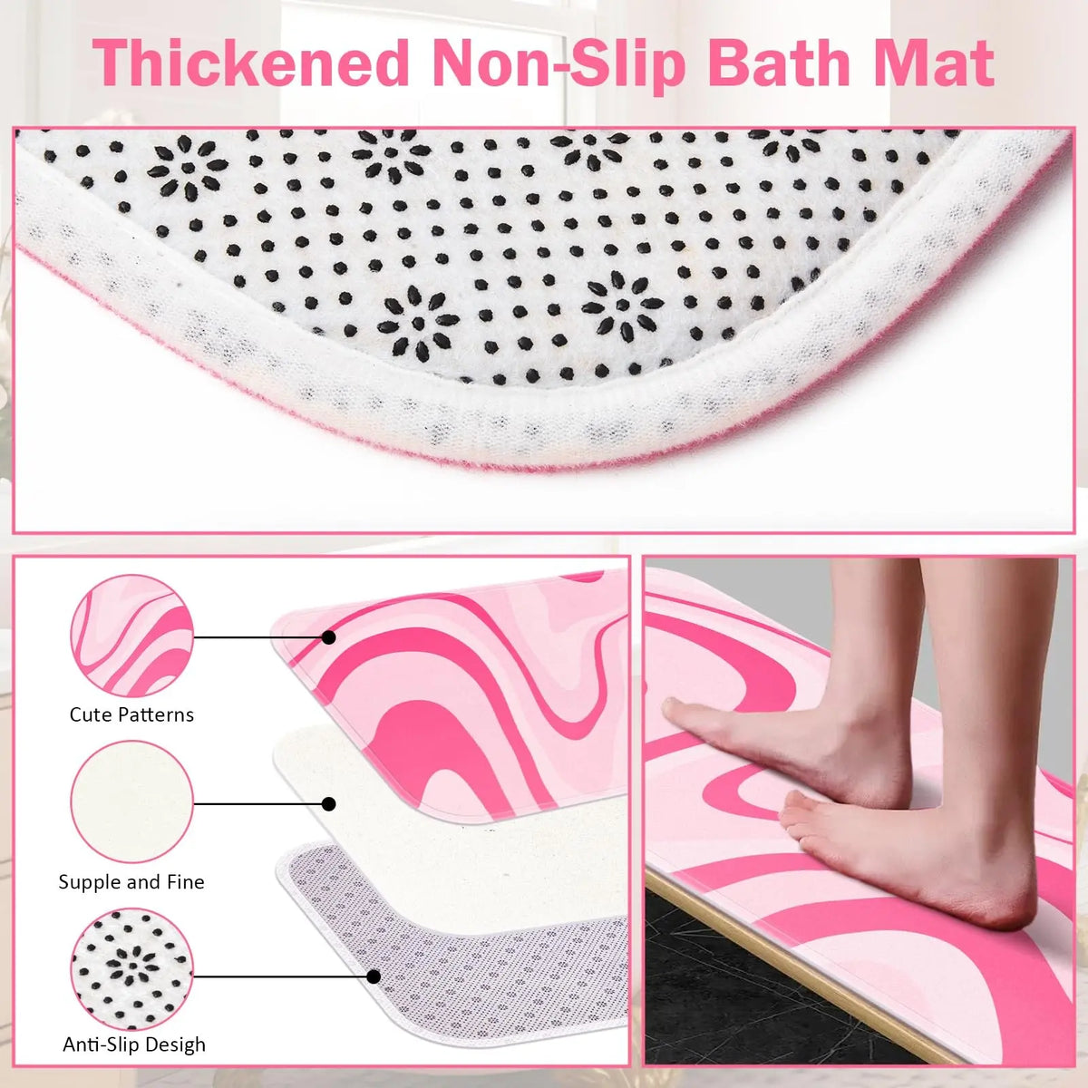Girly Pink 4-Piece Thick Flannel Waterproof Bathroom Set - Anti-Slip Rugs, U-Shaped Bath Mat, Toilet Lid Cover, Resistant Material, Multi-Room Home Bathroom Supplies, Sohochic, Four-Pieces