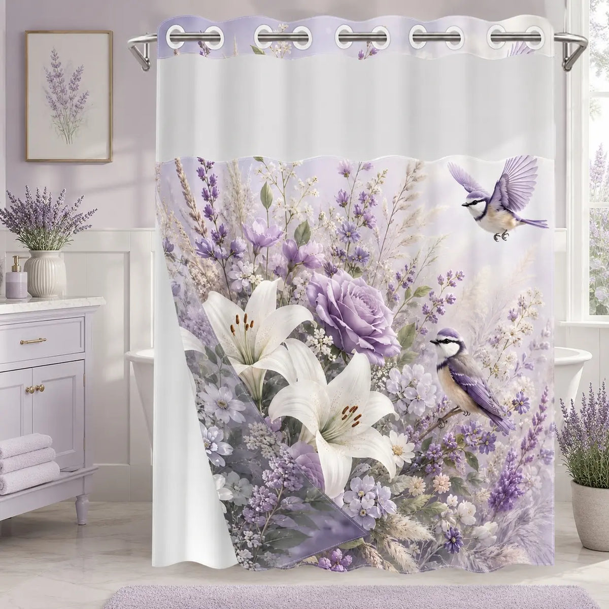 Blue Lily Rose Bird No Hook Shower Curtain Floral with Snap-In Liner, Double Layer Waterproof, Sheer Mesh Top, Removable White Liner, Machine Washable, Farmhouse Garden Decor, Hotel, Dorm & Home Bathroom Accessory, 72 x 74 Inches