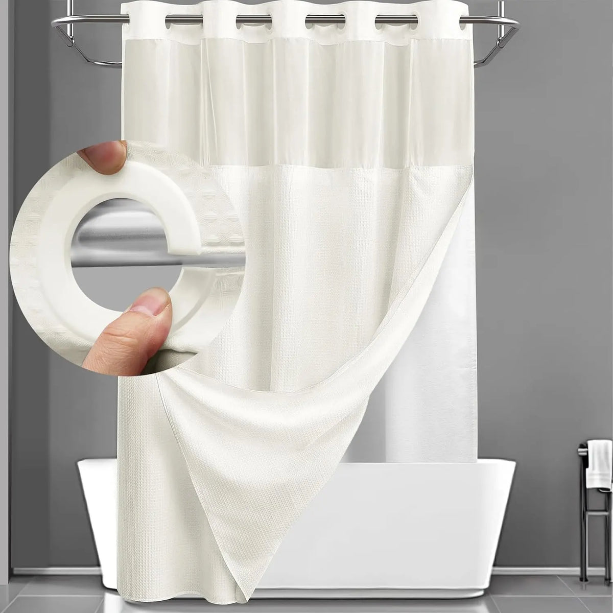 No Hook Washable Waffle Weave Shower Curtain with Snap in Liner -Waterproof Double Layer Shower Curtain With WashableInner Liner,  72 x75 Inch Showercurtain