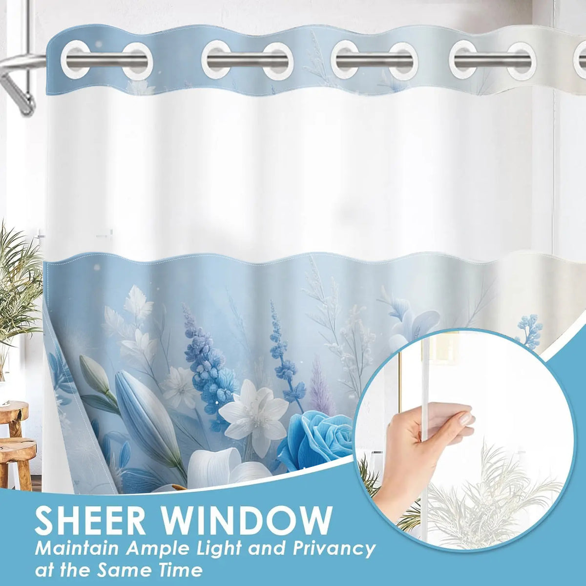 Blue Lily Rose Bird No Hook Shower Curtain Floral with Snap-In Liner, Double Layer Waterproof, Sheer Mesh Top, Removable White Liner, Machine Washable, Farmhouse Garden Decor, Hotel, Dorm & Home Bathroom Accessory, 72 x 74 Inches