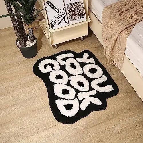 Black and White Letter Rectangle Microfiber Bath Mat (25in x 21in, 1-Piece) - Soft Cashmere Look, Modern Home Decor, Plush Foot Buffer, Absorbent, Stable TPR Grip, Elderly-Friendly, Machine Washable, All-Season Bathroom Laundry Rug