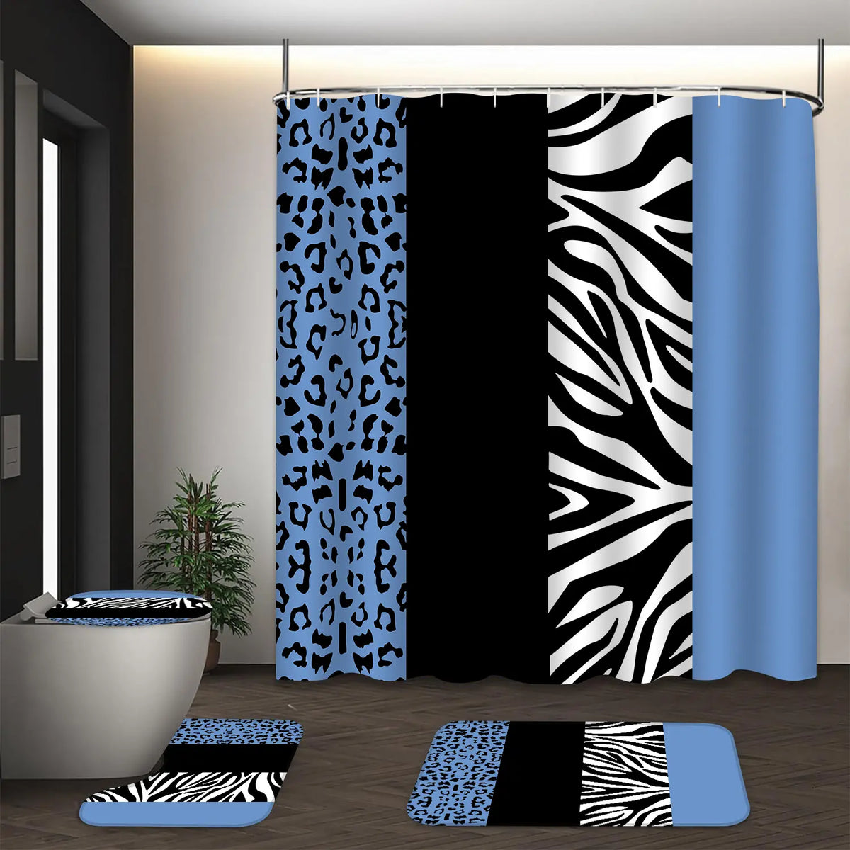 LVRLVR 4Pcs Leopard Zebra Print Bold Animal Print Multi-Color Bathroom Shower Curtain Set 70.8×70.8 Inch