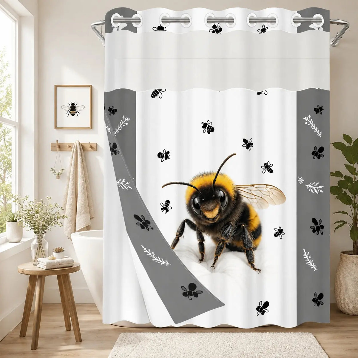 1pc hookless shower curtain with liner, black, white cat paw decorative design 2D printing, fabric waterproof liner, see-through window, double-layer, 71 x 74 inches, modern home decoration, Shower Curtain No Hooks With Liner