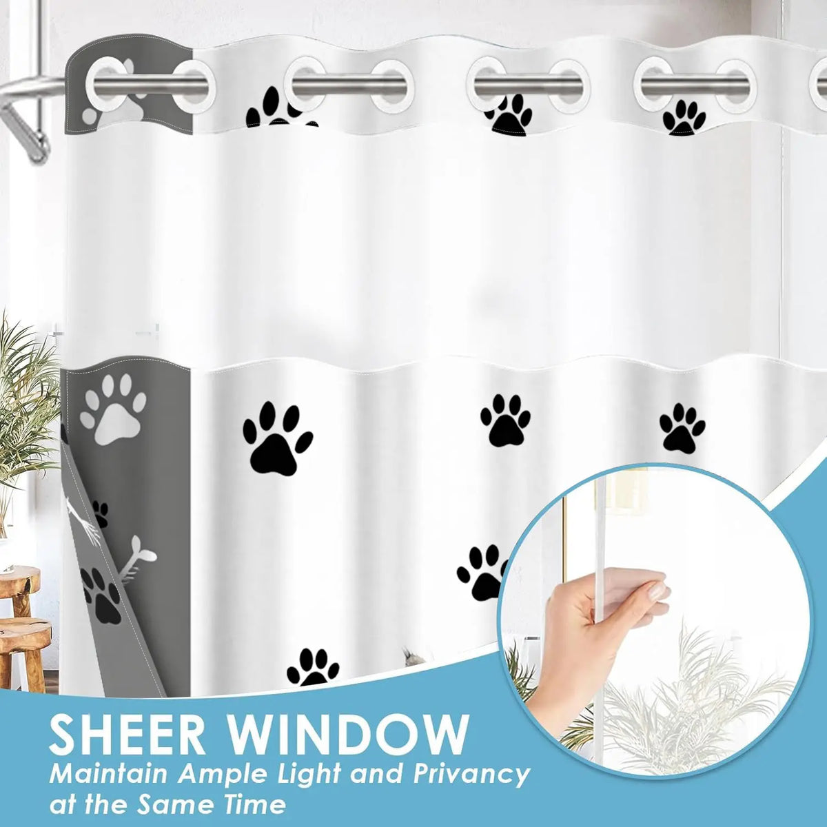 1pc hookless shower curtain with liner, black, white cat paw decorative design 2D printing, fabric waterproof liner, see-through window, double-layer, 71 x 74 inches, modern home decoration, Shower Curtain No Hooks With Liner