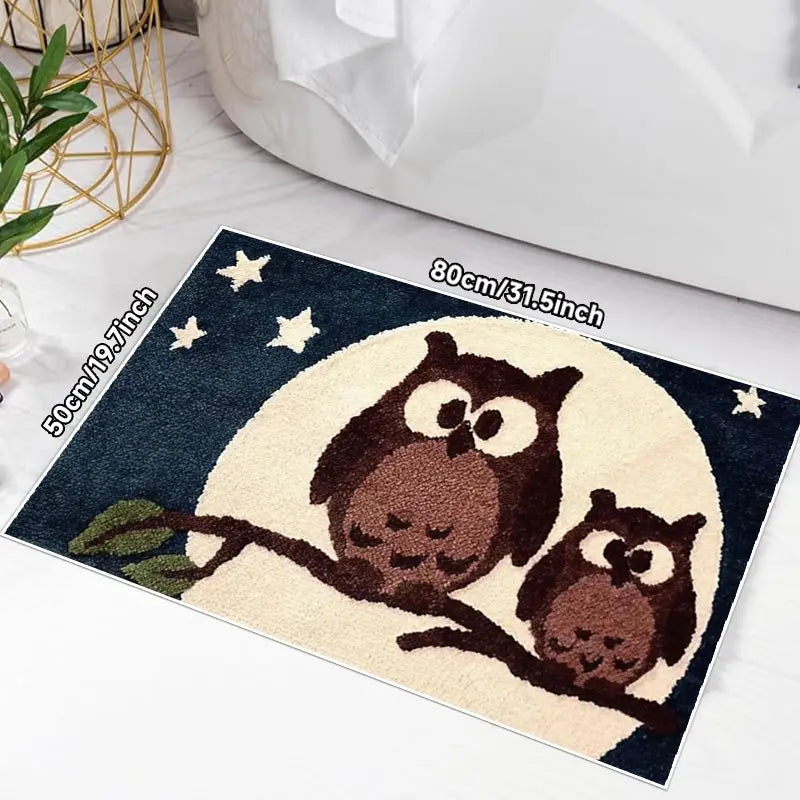 Moonlit Owl Bathroom Rug, Non-Slip Bath Mat, Soft Comfortable Shower Carpet, Deep Blue Starry Sky Design, Durable Floor Pad