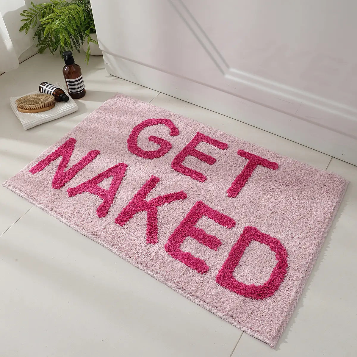Bold Pink Humor Rectangle Bath Mat - Fun Get Naked Art Novelty Print Bathroom Decor, 32"x20" Non-Slip, Machine Washable, Soft Absorbent for Bathroom Floor, Tub,sohochic