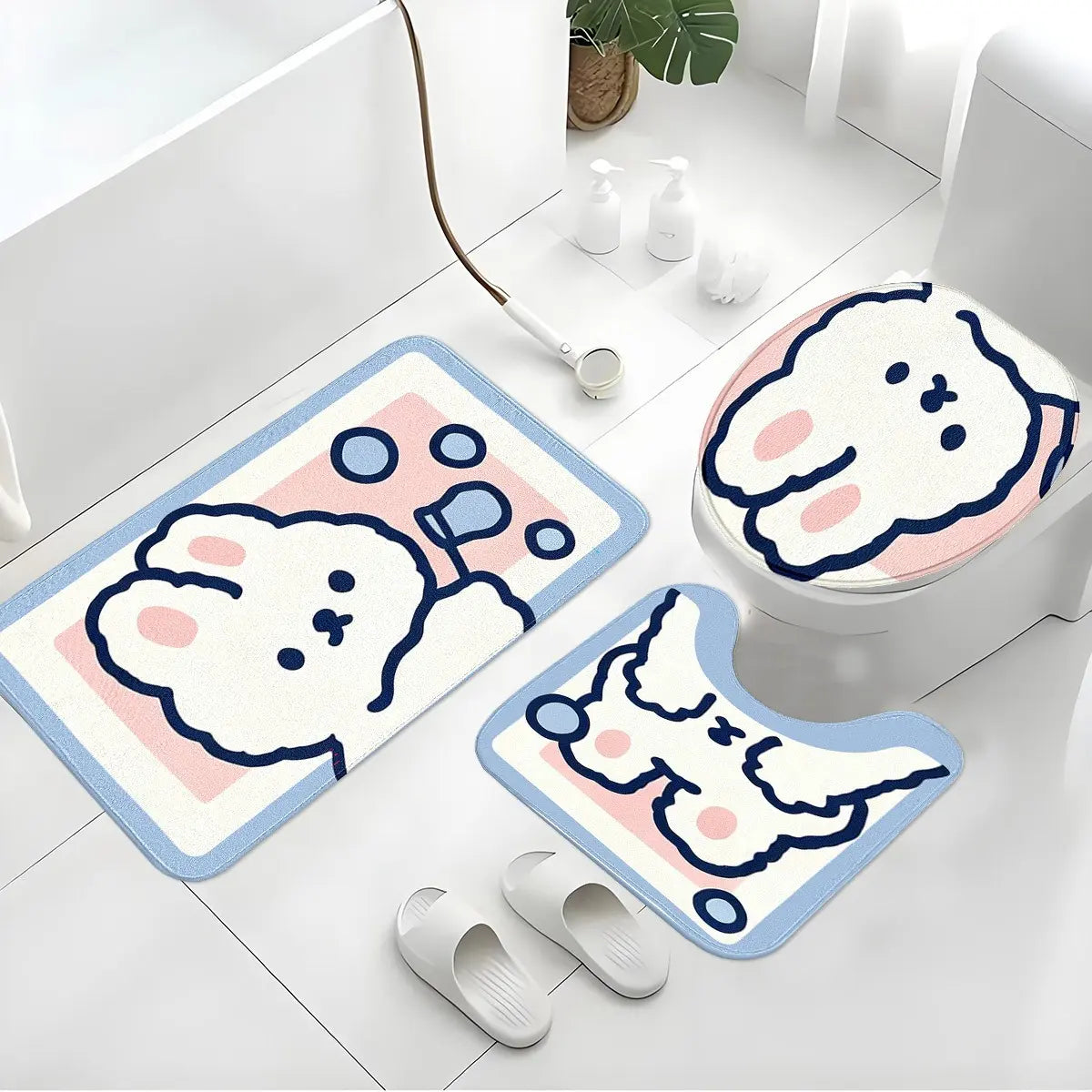 3pc Cute Bunny Doodle Style Bath Mat Set, 100% Polyester Absorbent Bath Mats Non-Slip Rugs for Washroom Bathroom Entryway, Soft Skin-Friendly & Easy Clean, Adorable Home Decor Gift