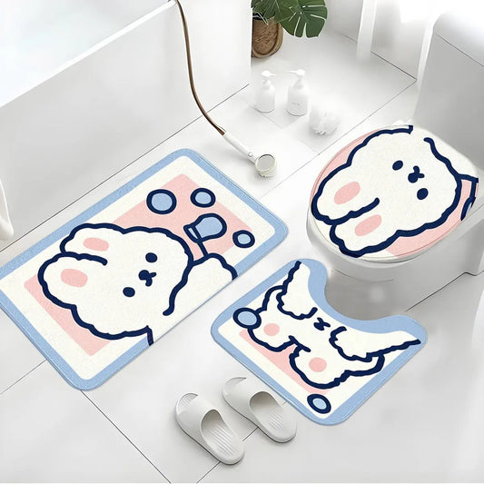3pc Cute Bunny Doodle Style Bath Mat Set, 100% Polyester Absorbent Bath Mats Non-Slip Rugs for Washroom Bathroom Entryway, Soft Skin-Friendly & Easy Clean, Adorable Home Decor Gift
