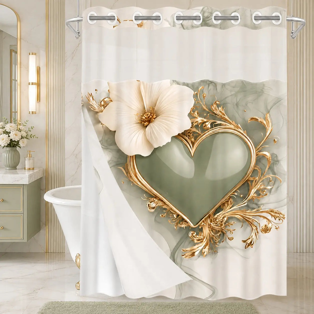 No Hooks Black Gold Heart Floral Shower Curtain with Snap-In Liner, Double-Layer Waterproof Fabric, Sheer Mesh Top, Removable White Liner, Floral Shower Curtains For Bathroom, Baroque Bathroom Decor, Bathroom Accessories, 72x75in