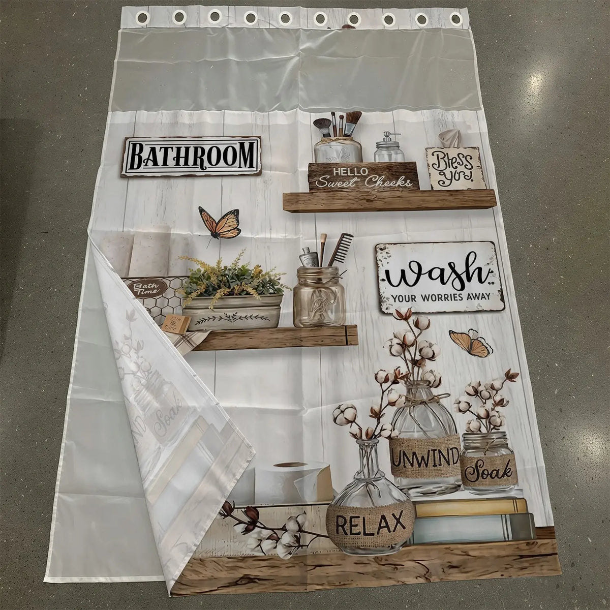1Pc Double Layer Shower Curtain, Rustic Farmhouse Butterfly Print, Removable Snap-in Liner, Water Repellent Washable Fabric For Apartment Rental Bathtub Shower, 71x74 Inch, Shower Curtain No Hooks With Liner