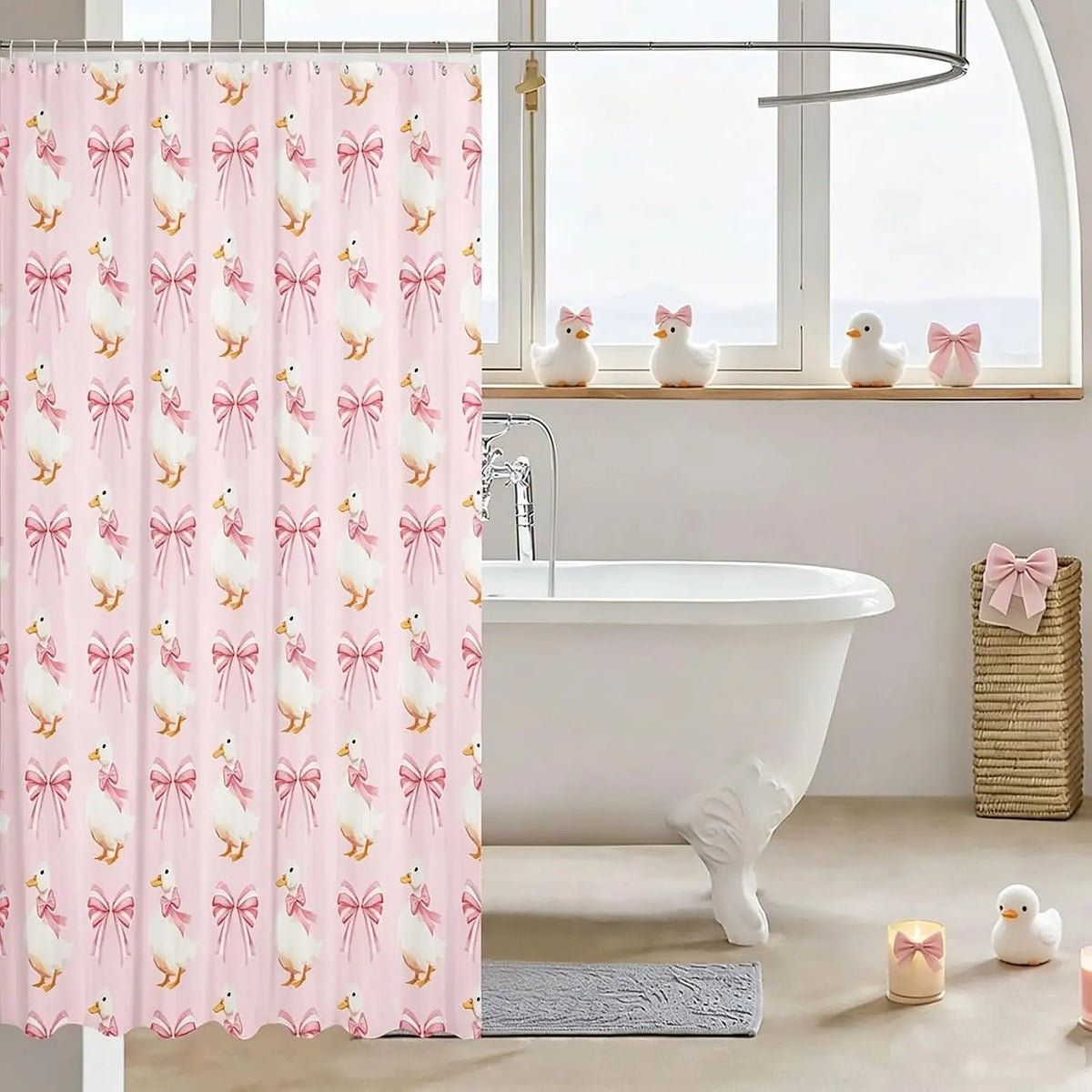 Feelyou Fun Bow Tie Bow Pink Cute Goose Shower Curtain, 1-Piece Waterproof Polyester Bathroom Accessory, for Gym, School Bathtub Stall, 72"x72" Home Bathroom Decor