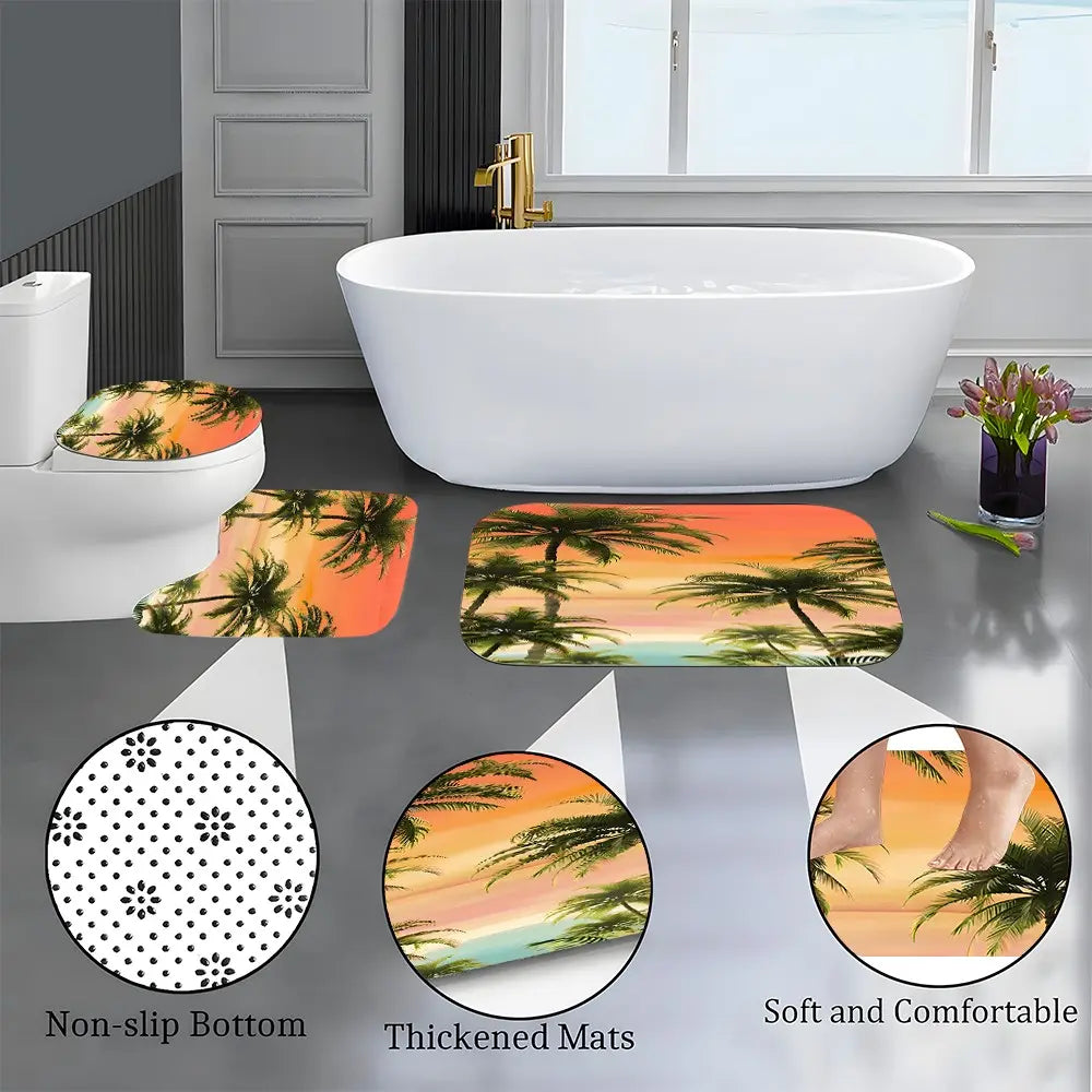 JIT 1/3/4 pcs Shower Curtain Set - Tropical Sunset Sea and Sky Bathroom Decorative Toilet Cover, Bath Mat, Shower Curtain Strip - 12 hooks, suitable for American patriotic and independent home decoration.