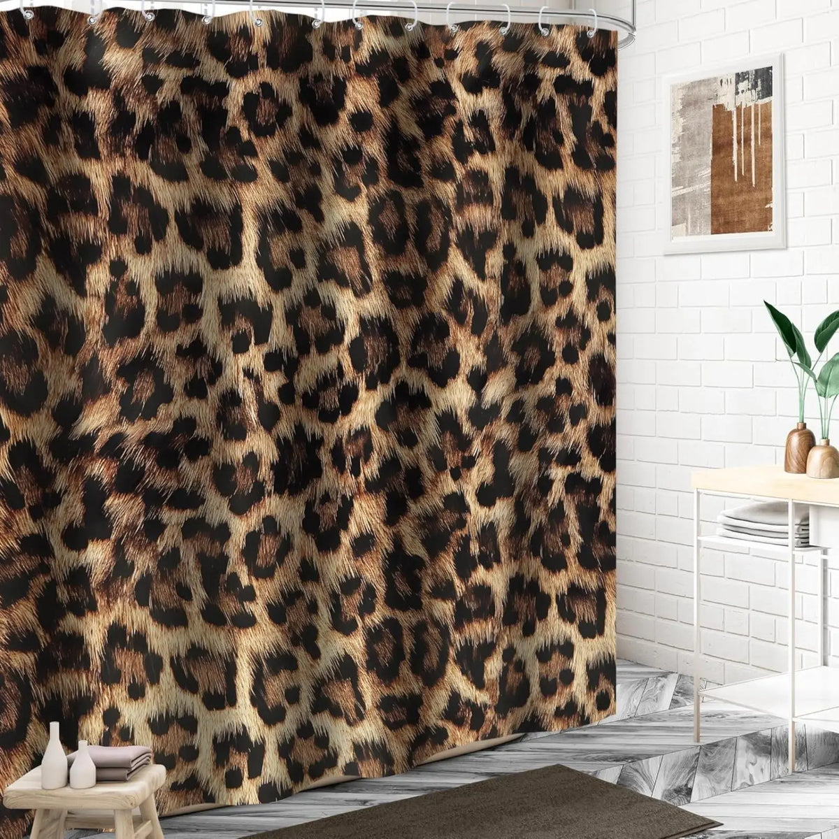 Leopard Print Shower Curtain Wild Safari Skin Pattern Powerful Cheetah Cat Panthera Black Brown Fur Wildlife Waterproof Bathroom Home Decor with Hooks