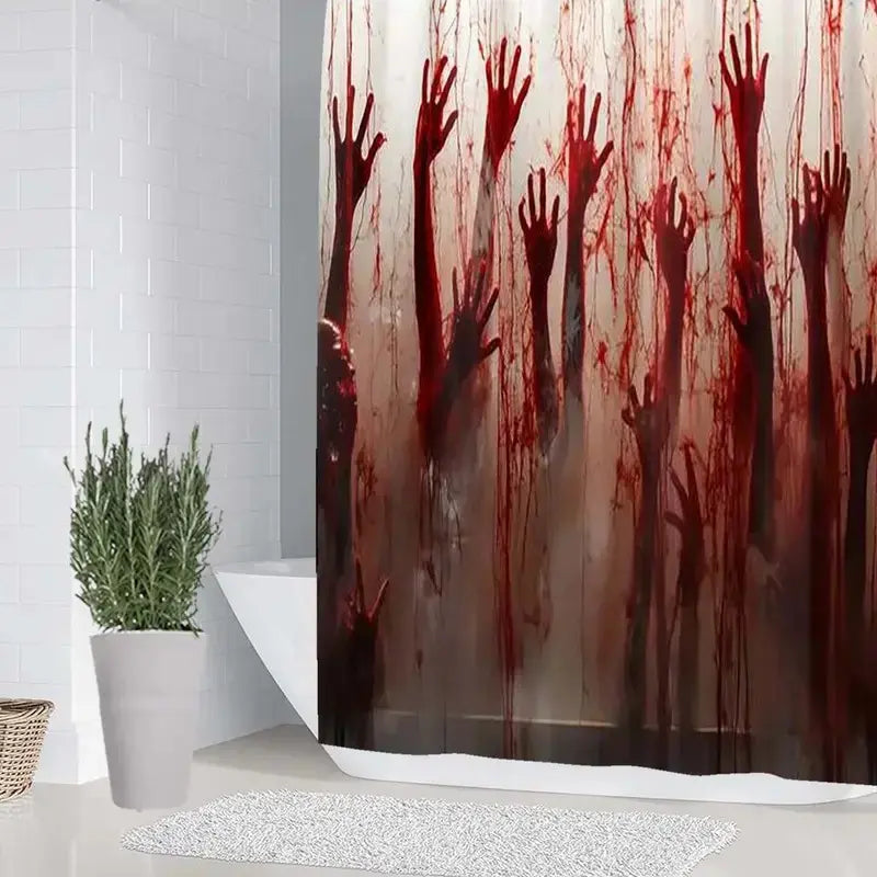 4pcs Halloween bloody hands, Gothic shower curtain, horror, spooky, struggle, shower curtain set, non-slip floor mat, U-shaped carpet, toilet cover, Bathroom accessory, 12 shower curtain hooks, Bathroom Decor And Accessories